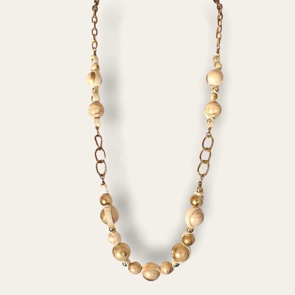 SOLDⓂ️Vintage Chain Gold Ball and Cream Color Cloth Beaded Necklace